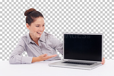 Buy stock photo Funny, laptop screen and woman with mockup on table isolated on a transparent png background. Business person, computer and copy space for marketing, advertising or branding, promotion and laughing.