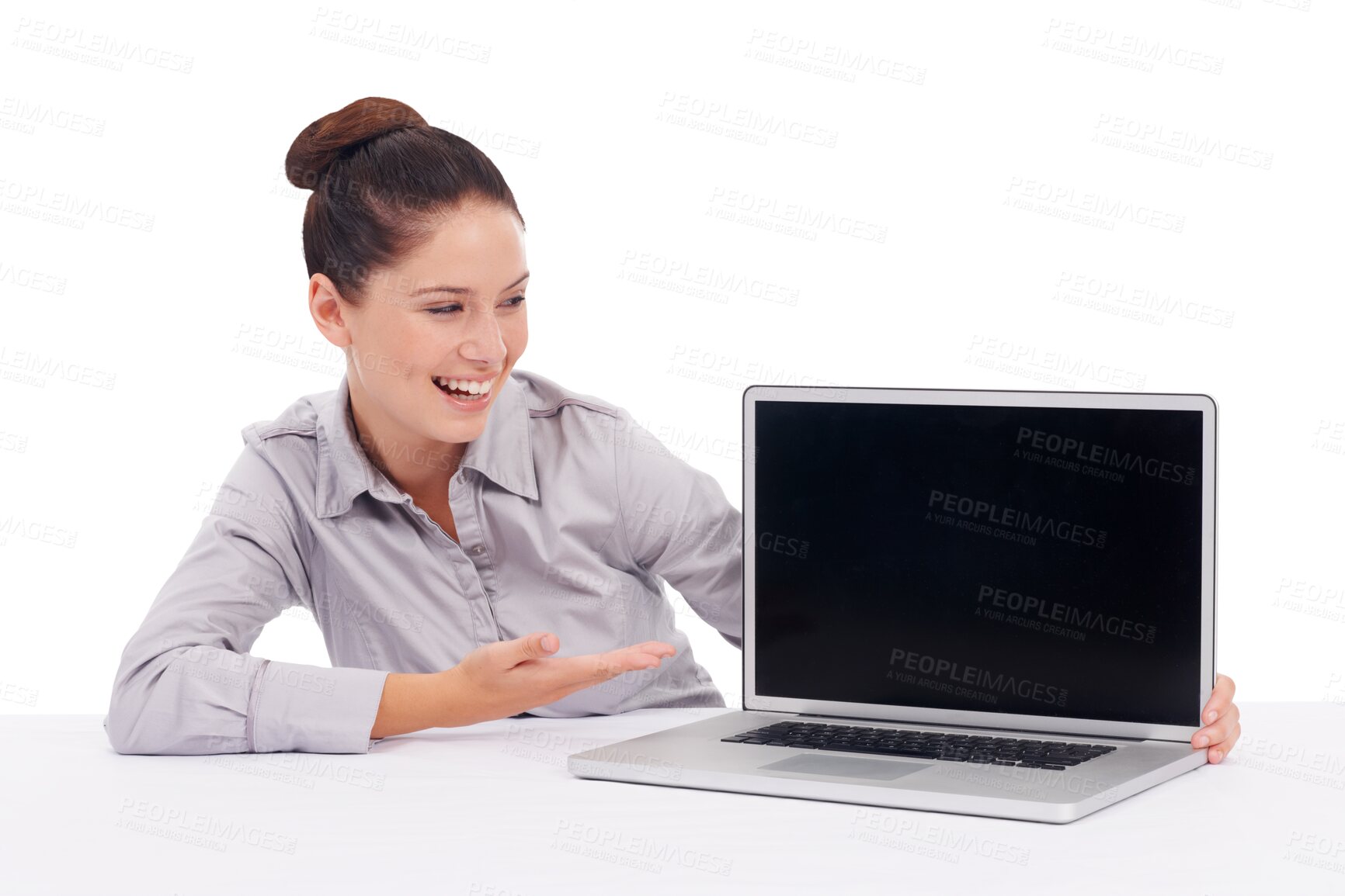 Buy stock photo Funny, laptop screen and woman with mockup on table isolated on a transparent png background. Business person, computer and copy space for marketing, advertising or branding, promotion and laughing.