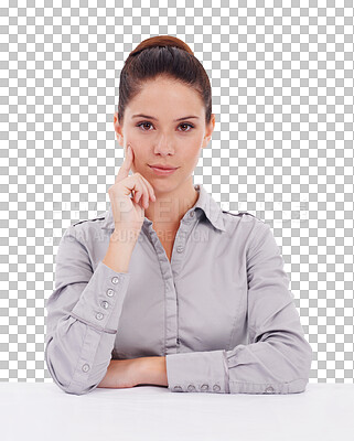 Buy stock photo Business woman, portrait and thinking on table with idea or solution isolated on a transparent PNG background. Female person or employee in think, remember or memory for decision, choice or ambition