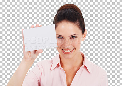 Buy stock photo Mockup, portrait and a woman with business card and smile isolated on transparent, png background. Professional person with blank paper for corporate announcement, contact us or advertising space