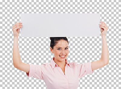 Buy stock photo Business woman, smile and blank banner portrait isolated on transparent, png background. Professional person with mockup poster, board or sign for announcement, information or advertising space