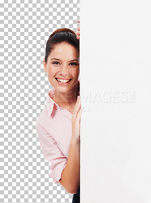 Buy stock photo Isolated business woman, behind poster and portrait with mockup space for vote by transparent png background. Young entrepreneur, businesswoman and billboard for promo, opinion and mock up with sign