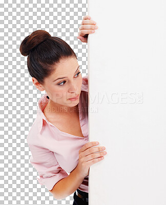 Buy stock photo Business woman, billboard and mockup for advertising standing isolated on a transparent PNG background. Female person or employee looking at poster, sign or board for advertisement on empty space