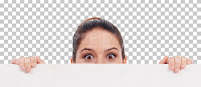 Buy stock photo Surprise, eyes and woman with banner, poster or blank paper for mockup on transparent, isolated or png background. Face, portrait and shocked or wow expression for announcement, news or information