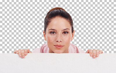 Buy stock photo Business woman, face and portrait with billboard for advertising isolated on a transparent PNG background. Female person or employee holding poster, sign or board for advertisement on copy space