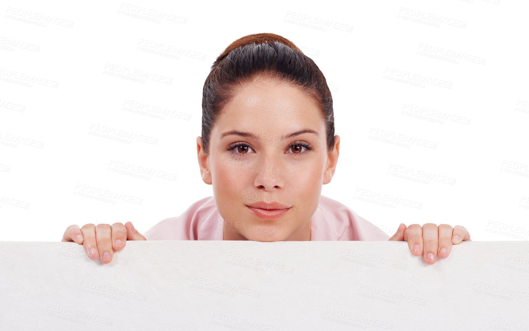 Buy stock photo Business woman, face and portrait with billboard for advertising isolated on a transparent PNG background. Female person or employee holding poster, sign or board for advertisement on copy space