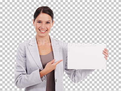 Buy stock photo Portrait, business or happy woman with blank banner pointing isolated on transparent png background. Professional person smiling with mockup paper, board or sign for announcement or advertising space