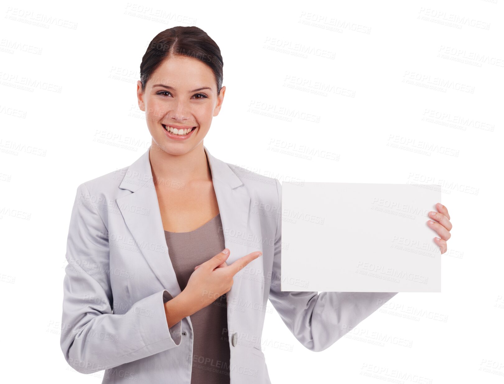 Buy stock photo Portrait, business or happy woman with blank banner pointing isolated on transparent png background. Professional person smiling with mockup paper, board or sign for announcement or advertising space