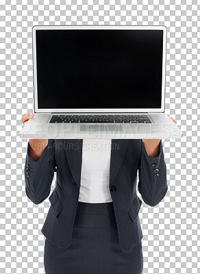 Buy stock photo Business woman, laptop and mockup screen or advertising isolated on a transparent PNG background. Female person or employee holding computer with mock up display for advertisement, brand or marketing