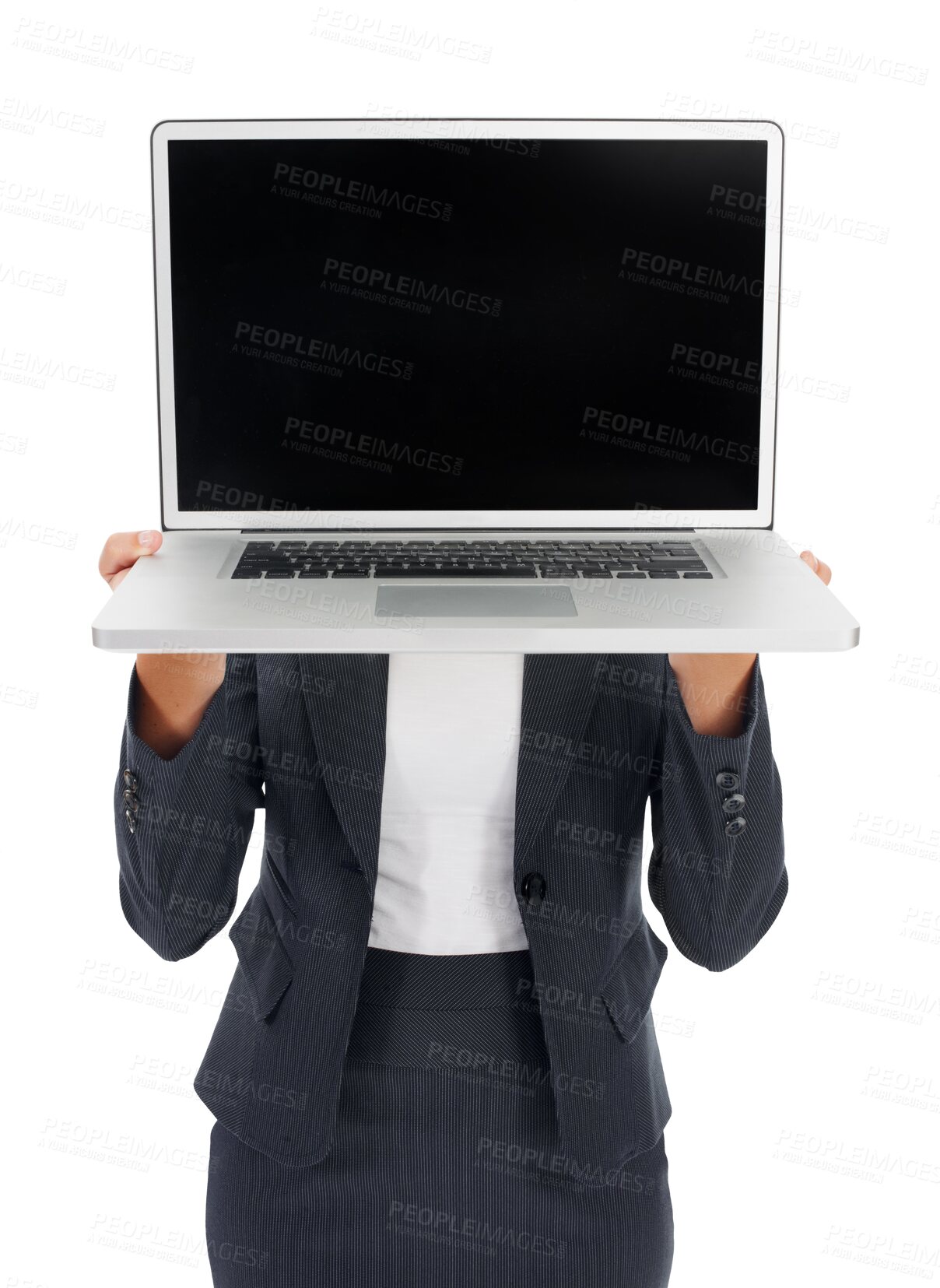 Buy stock photo Business woman, laptop and mockup screen or advertising isolated on a transparent PNG background. Female person or employee holding computer with mock up display for advertisement, brand or marketing