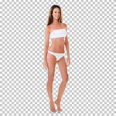 Buy stock photo Isolated woman, bikini and healthy body in portrait with smile, confidence and transparent png background. Happy young model, underwear or fashion for beach vacation, swimming or summer for aesthetic