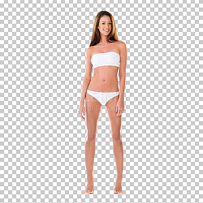 Buy stock photo Isolated woman, swimsuit and healthy body in portrait with smile, confidence and transparent png background. Happy young model, underwear or bikini for beach fashion, swimming or summer for aesthetic