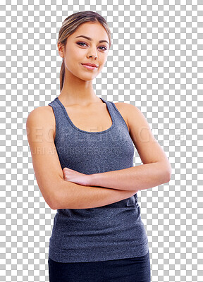 Buy stock photo Portrait, fitness and arms crossed with a sports woman isolated on a transparent background for health. Exercise, wellness and workout with a proud young female athlete training her body on PNG