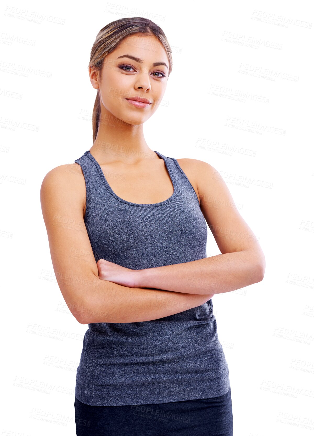 Buy stock photo Portrait, fitness and arms crossed with a sports woman isolated on a transparent background for health. Exercise, wellness and workout with a proud young female athlete training her body on PNG