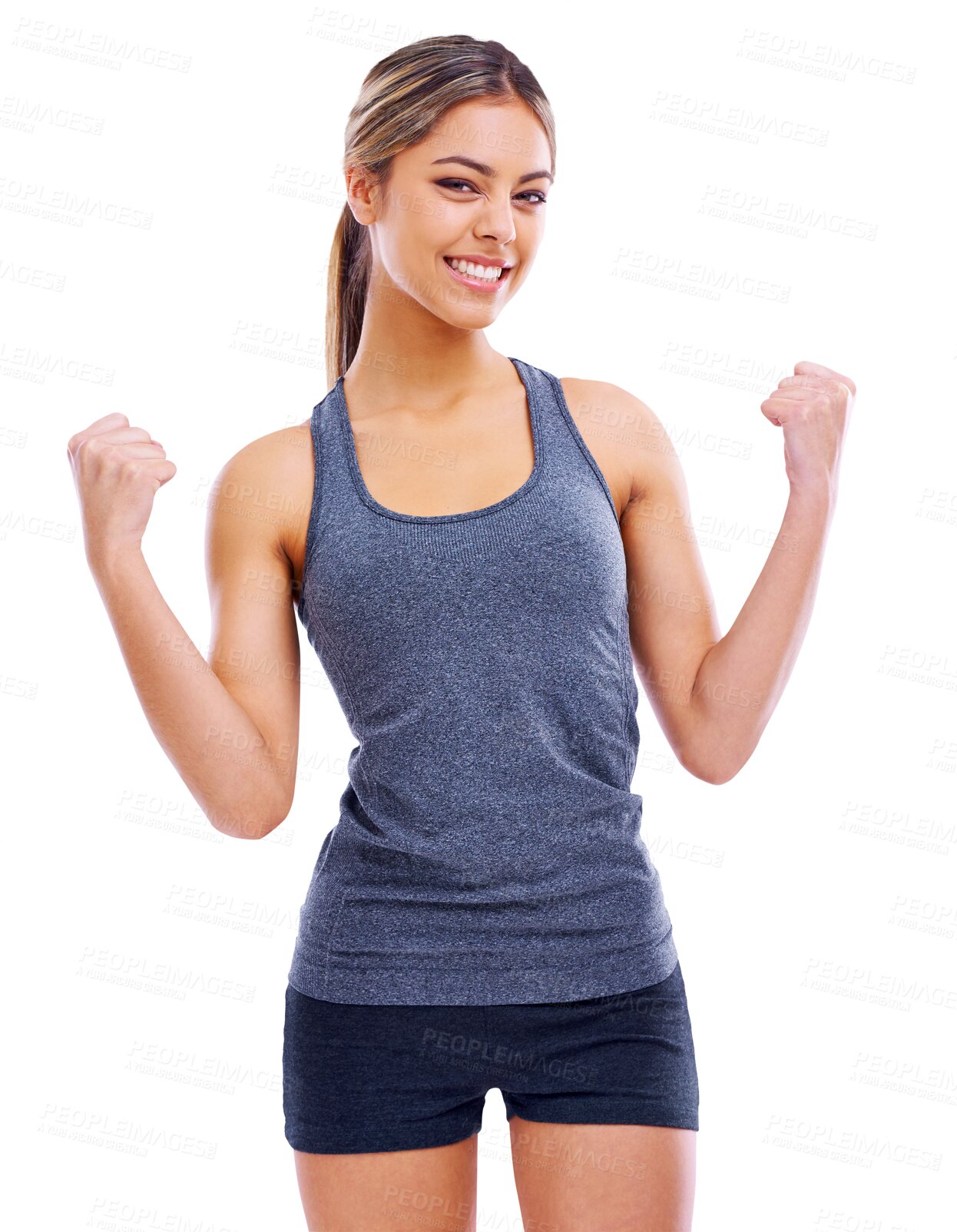 Buy stock photo Sports, celebrate and portrait of woman after exercise for health, wellness and self care. Fitness, achievement and female athlete cheering for success workout isolated by transparent png background.