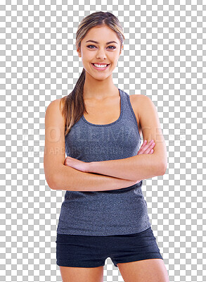 Buy stock photo Portrait, exercise and arms crossed with a sports woman isolated on a transparent background for health. Fitness, wellness and workout with a confident young female athlete training her body on PNG