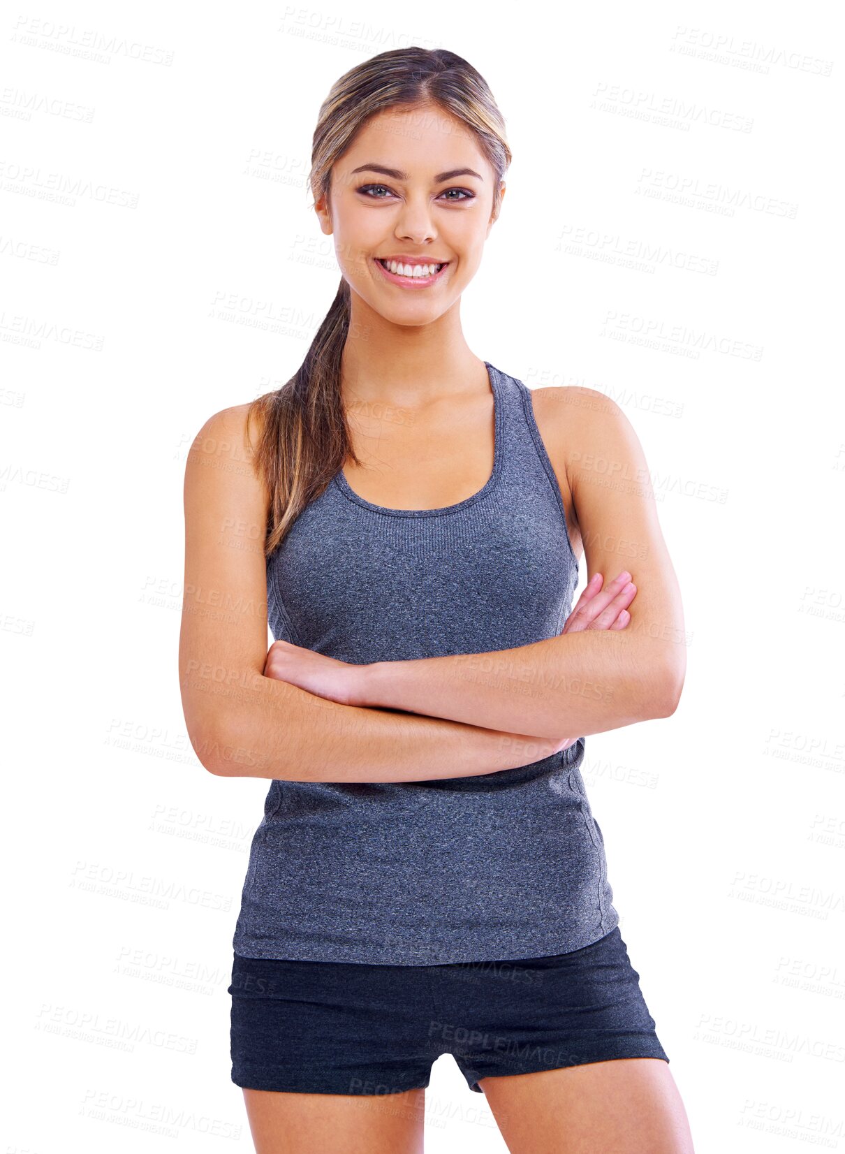 Buy stock photo Portrait, exercise and arms crossed with a sports woman isolated on a transparent background for health. Fitness, wellness and workout with a confident young female athlete training her body on PNG