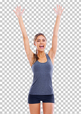 Buy stock photo Isolated fitness woman, celebration and hands up in portrait with shout by transparent png background. Girl, model or personal trainer with stretching, jumping jack or celebrate for workout goals