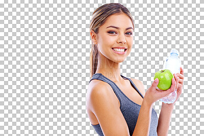 Buy stock photo Happy woman, apple and water for natural nutrition isolated on a transparent PNG background. Portrait of female person, bottle and organic fruit for balance diet, sustainability or healthy wellness