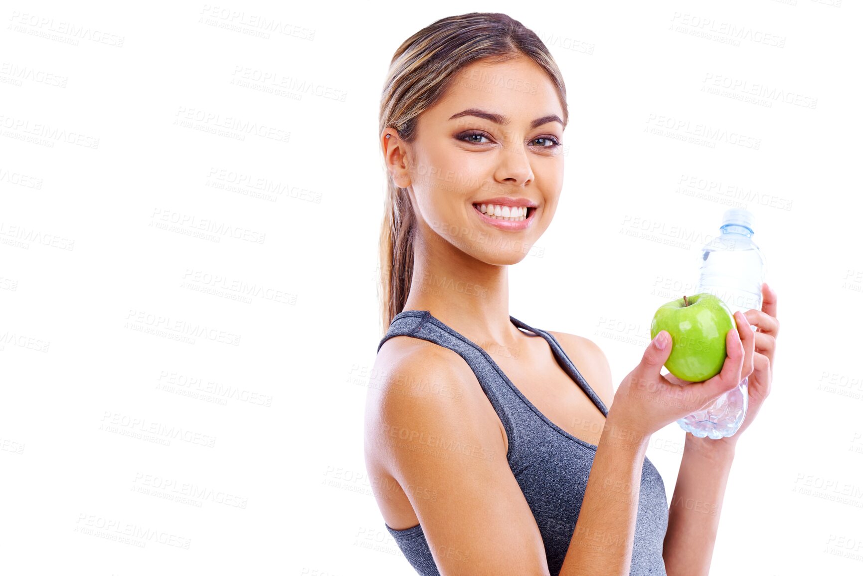 Buy stock photo Happy woman, apple and water for natural nutrition isolated on a transparent PNG background. Portrait of female person, bottle and organic fruit for balance diet, sustainability or healthy wellness