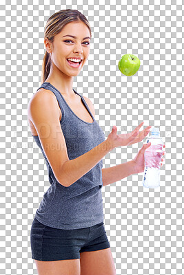 Buy stock photo Happy woman, fitness and apple for natural nutrition isolated on a transparent PNG background. Portrait of female person, water bottle and fruit for balance diet, sustainability or healthy wellness