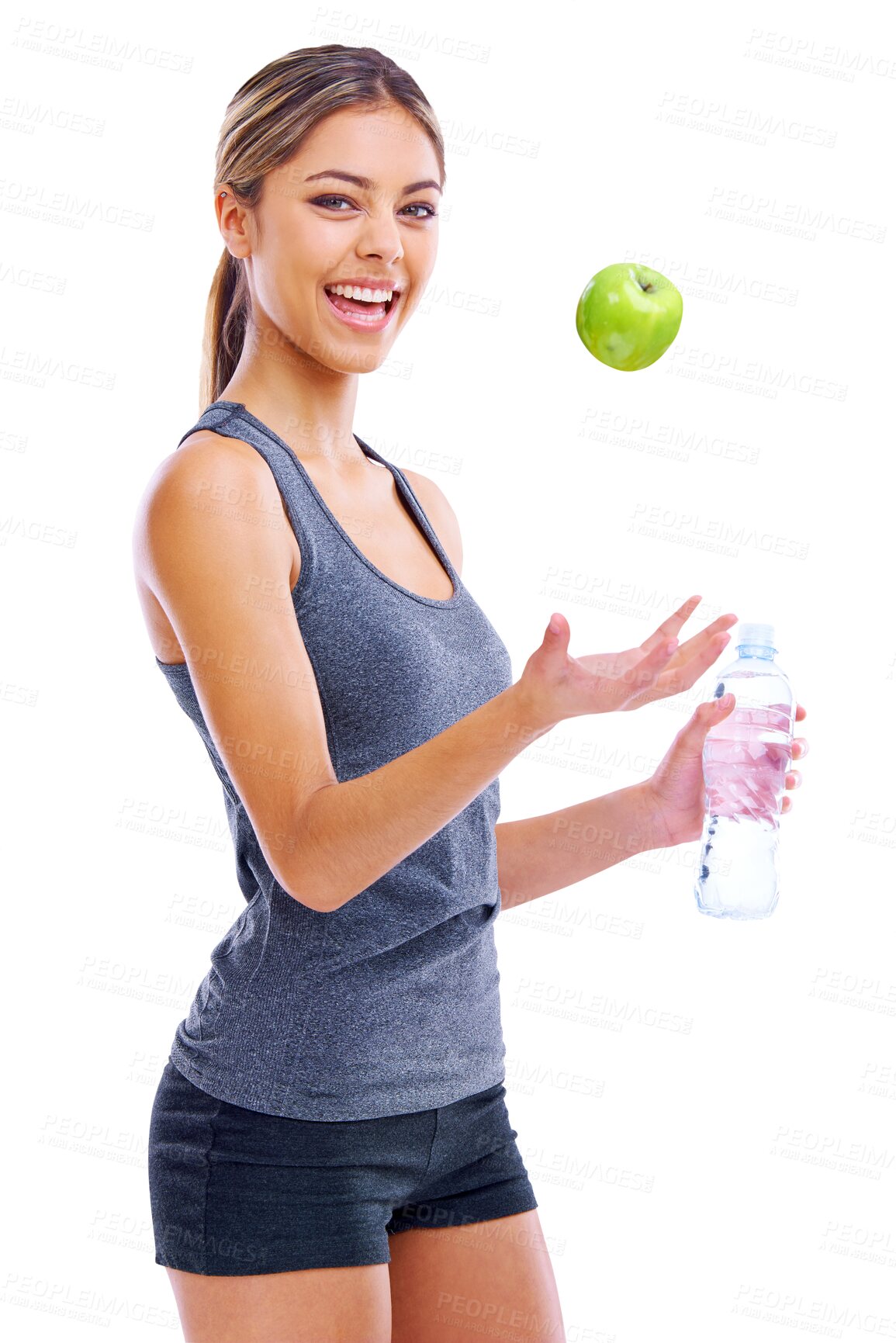 Buy stock photo Happy woman, fitness and apple for natural nutrition isolated on a transparent PNG background. Portrait of female person, water bottle and fruit for balance diet, sustainability or healthy wellness
