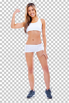 Buy stock photo Flexing, workout and portrait of a young woman in underwear after muscle or body training. Fitness, healthy and slim female athlete with a smile after exercise isolated by transparent png background.