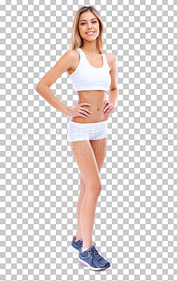 Buy stock photo Happy woman, portrait and fitness with hands on hips standing isolated on a transparent PNG background. Fit, active and sport female person posing in confidence for healthy body, workout or exercise