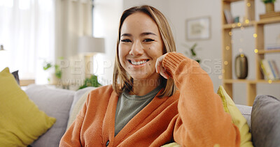 Buy stock photo Happy asian woman, portrait and relax on sofa for holiday, weekend or break in living room at home. Face of female person smile in happiness on lounge couch for rest, wellness or comfort in house