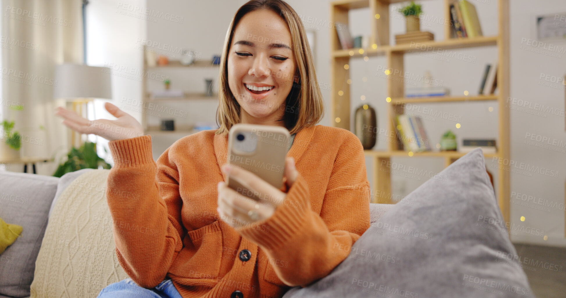 Buy stock photo Happy woman, wave or video call on a phone, social media network or mobile contact on home sofa. Smile, hello greeting or female person talking online for communication on digital app or virtual chat