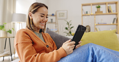 Buy stock photo Happy woman, meme or phone on sofa with internet connection streaming a video or movie online. Smile, relax or Asian person laughing on social media to scroll on mobile app for communication or chat