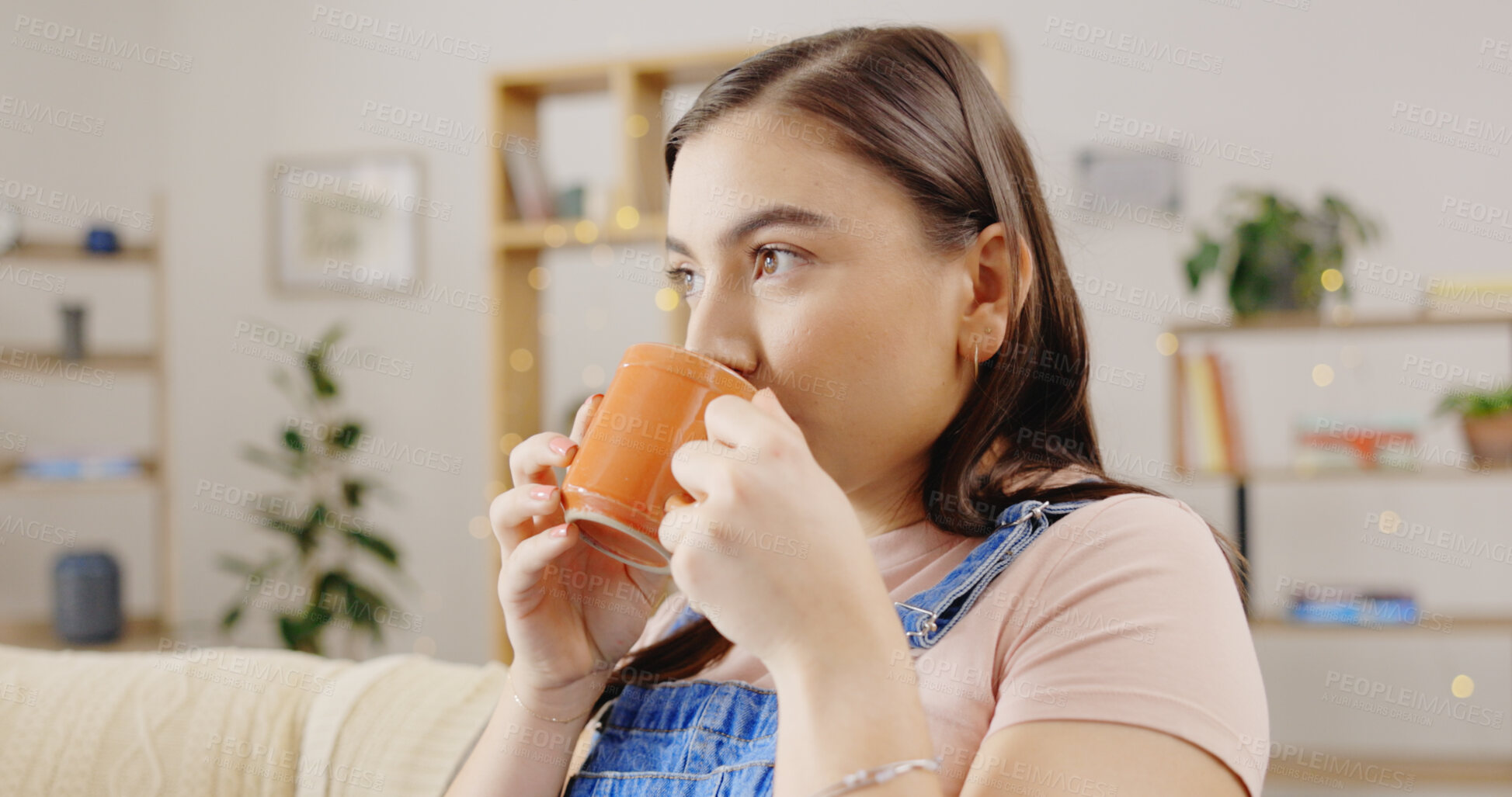 Buy stock photo Coffee, relax and and woman on a sofa calm, chilling and enjoying me time, cozy and comfortable in her home. Peaceful, resting and female person drinking tea in a living room with weekend freedom 