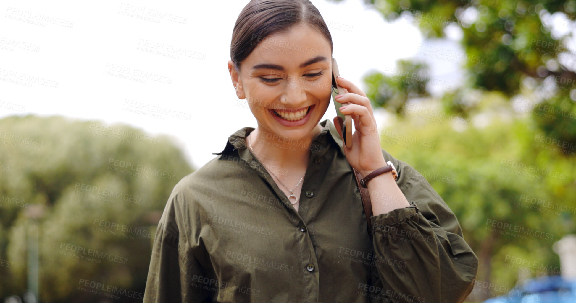 Buy stock photo Outdoor, phone call and woman with business, speaking and communication with contact, digital app and employee. Person, entrepreneur or consultant with a smartphone, conversation or contact in a park