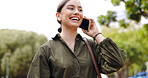 Business woman, phone call and walk in park with smile, happiness and excited for news, conversation or chat. Girl, laugh and happy with smartphone for networking, contact and communication in nature