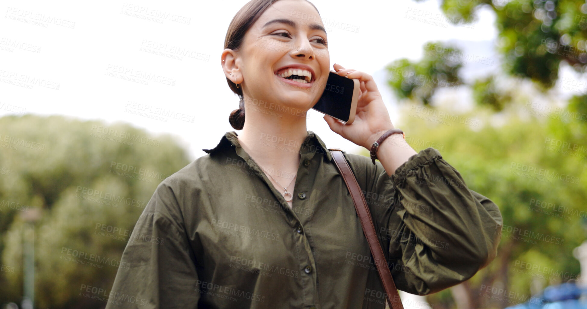 Buy stock photo Outdoor, phone call and woman with business, smile and communication with digital app, contact and consultant. Person, employee and entrepreneur with a cellphone, connection and contact in a park