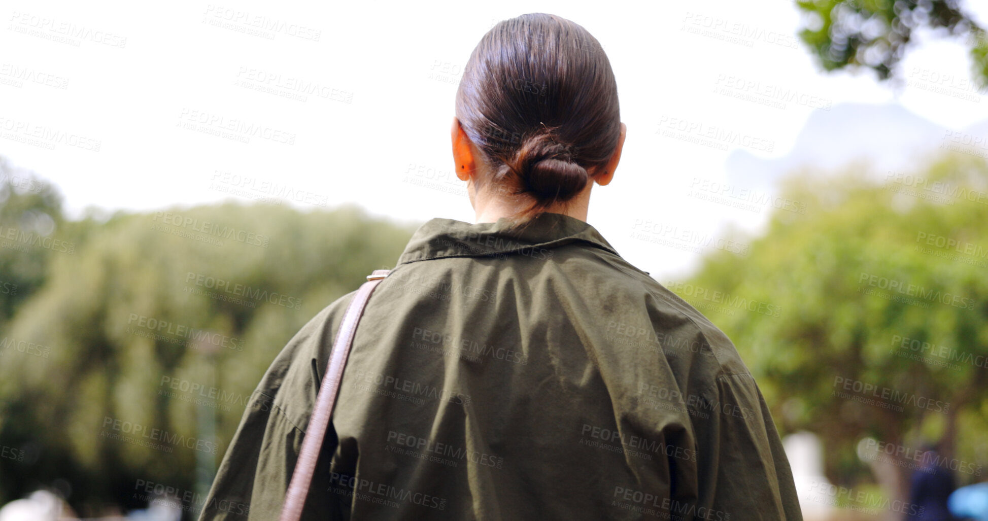 Buy stock photo Back view, walking and business woman at park for travel, journey and trip to work outdoor in the morning. Pedestrian, rear and professional person commute in nature or entrepreneur stroll outside.