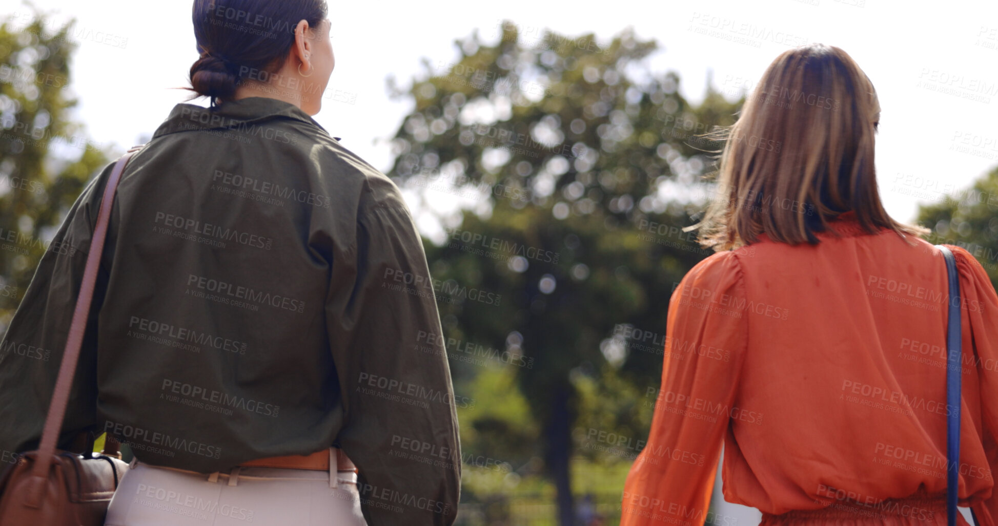 Buy stock photo Nature, walking and women friends in conversation while bonding and time together. Talking, outdoor and back of females speaking while in a garden, park or countryside for travel, commute or relax