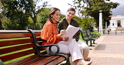 Buy stock photo Business, paperwork and woman with teamwork outdoor in park for planning, collaboration and ideas. Legal, documents and friends conversation in city with professional, communication and advice