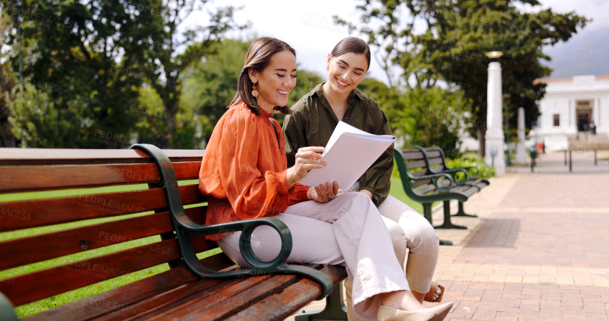 Buy stock photo Business, paperwork and woman with teamwork outdoor in park for planning, collaboration and ideas. Legal, documents and friends conversation in city with professional, communication and advice