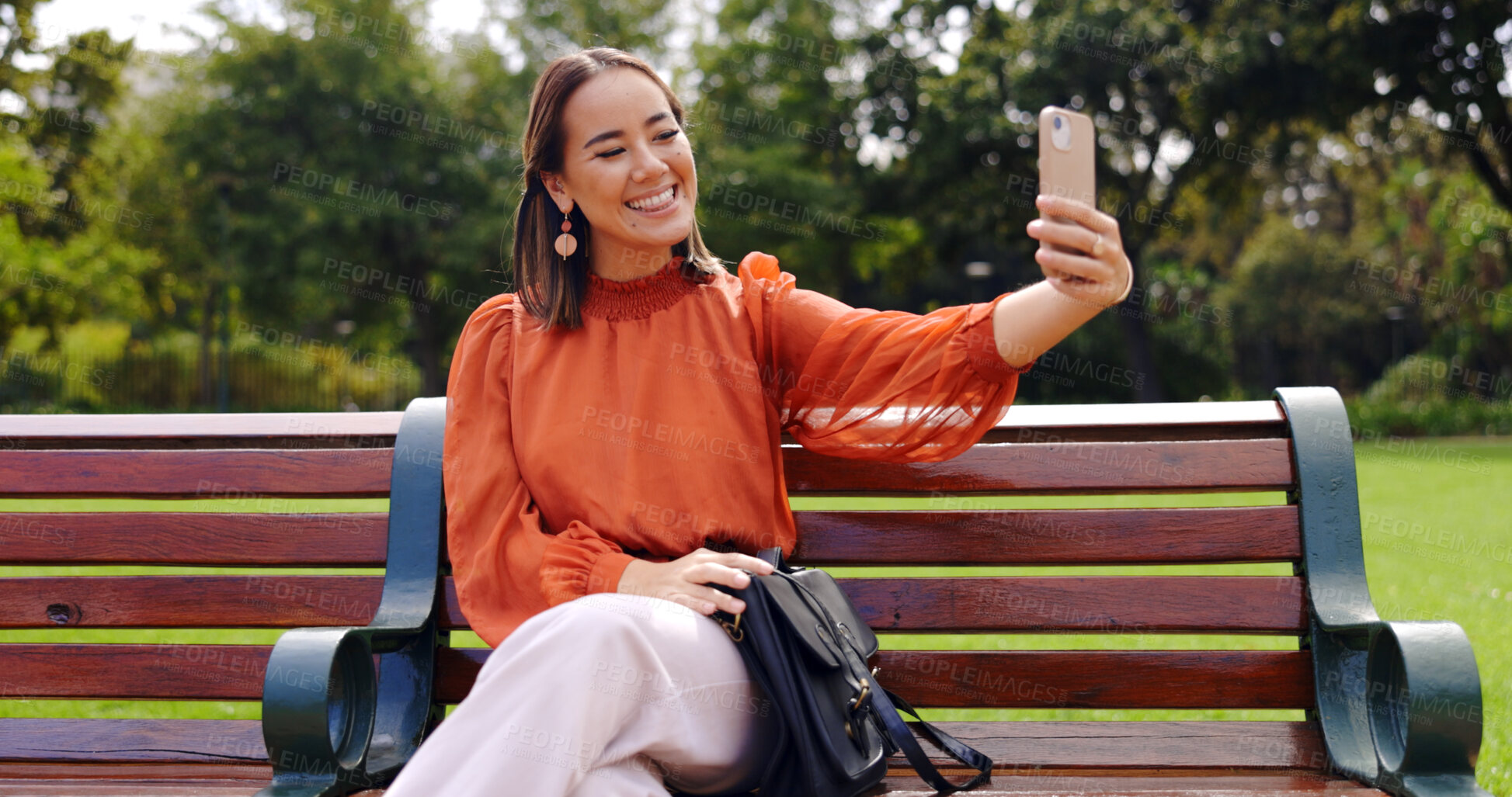 Buy stock photo Smile, selfie and Asian woman at park on bench outdoor for social media blog online. Photographer, picture and person in nature on internet, happy memory post and influencer in garden in summer