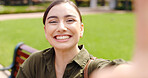 Selfie, hand gesture and face of woman at park taking pictures for social media with happy influencer.profile picture and person sitting outdoor taking photo for happy memory.