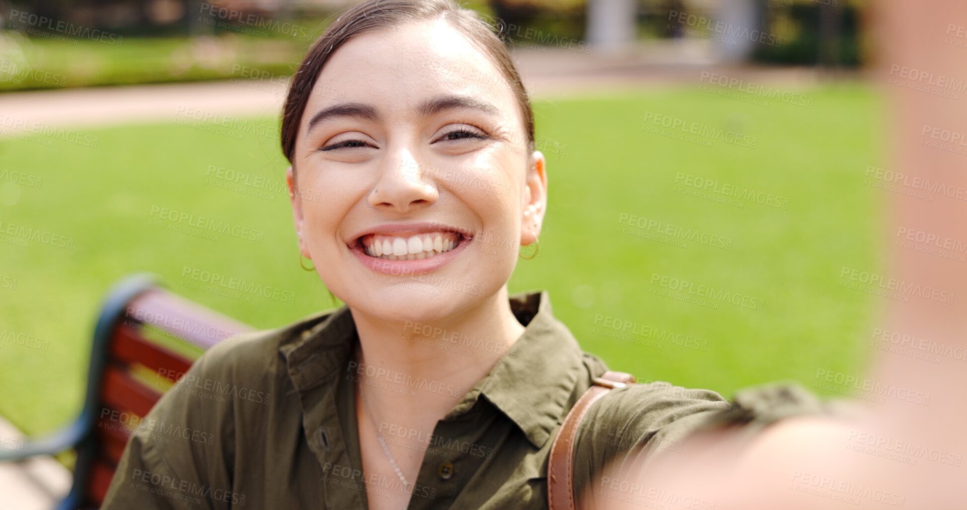 Buy stock photo Smile, selfie and portrait of woman at park outdoor on bench, happy memory and cheerful. Photographer, face and profile picture of person in nature for social media, internet and influencer in garden