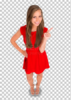 Buy stock photo Fashion, dress and portrait of a woman pointing for marketing, advertising or product placement. Happy, smile and full body of a female model with classy style isolated by transparent png background.