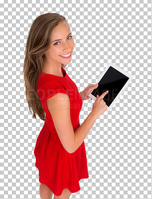 Buy stock photo Tablet, mockup and portrait of woman above for fashion marketing, e commerce and presentation or news. Happy person with red dress or clothes and digital screen isolated on transparent png background