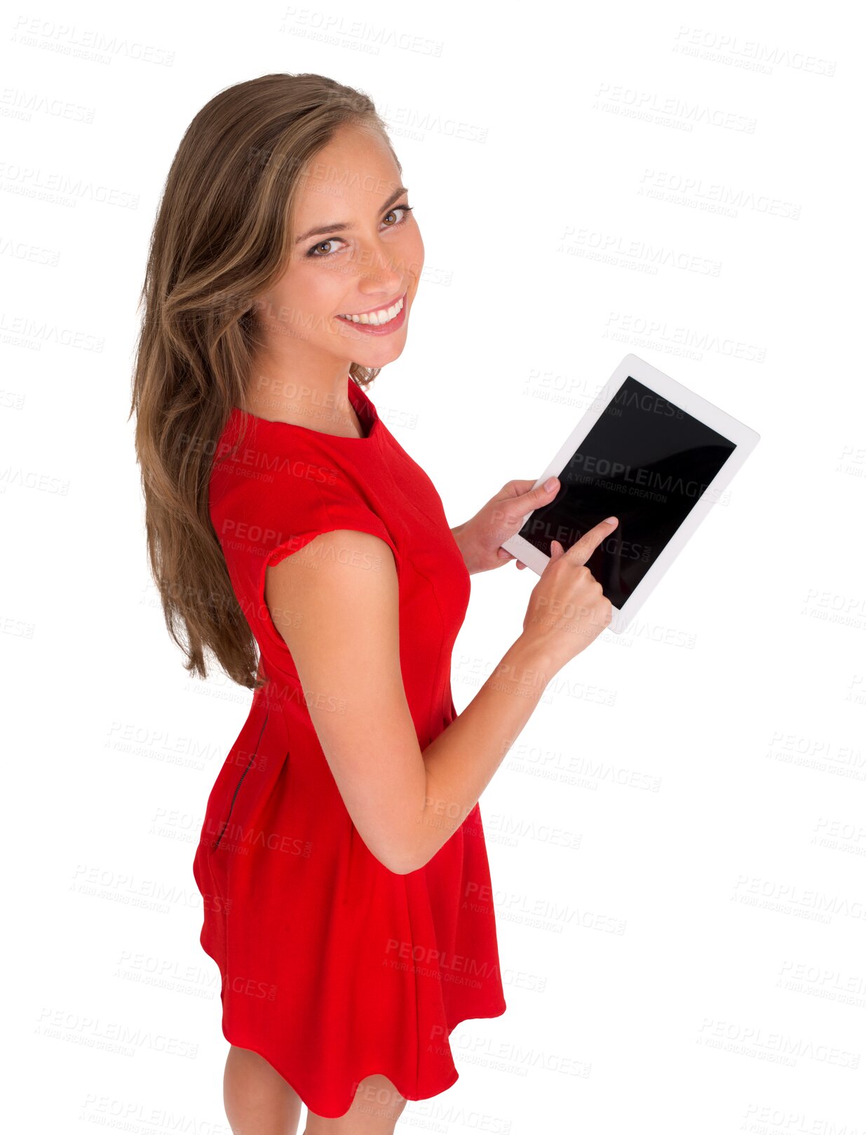 Buy stock photo Tablet, mockup and portrait of woman above for fashion marketing, e commerce and presentation or news. Happy person with red dress or clothes and digital screen isolated on transparent png background