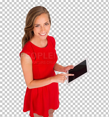 Buy stock photo Fashion portrait, tablet and woman on screen marketing, e commerce and presentation, website or news. Happy person with red dress or clothes and digital mockup isolated on transparent, png background