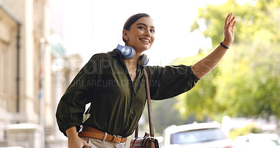 Buy stock photo Happy, city and woman calling cab, taxi or public transport while on a vacation in the street. Travel, smile and young female person with a wave for transportation in town on holiday or weekend trip