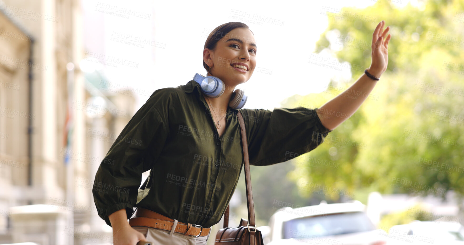 Buy stock photo Happy, city and woman calling cab, taxi or public transport while on a vacation in the street. Travel, smile and young female person with a wave for transportation in town on holiday or weekend trip