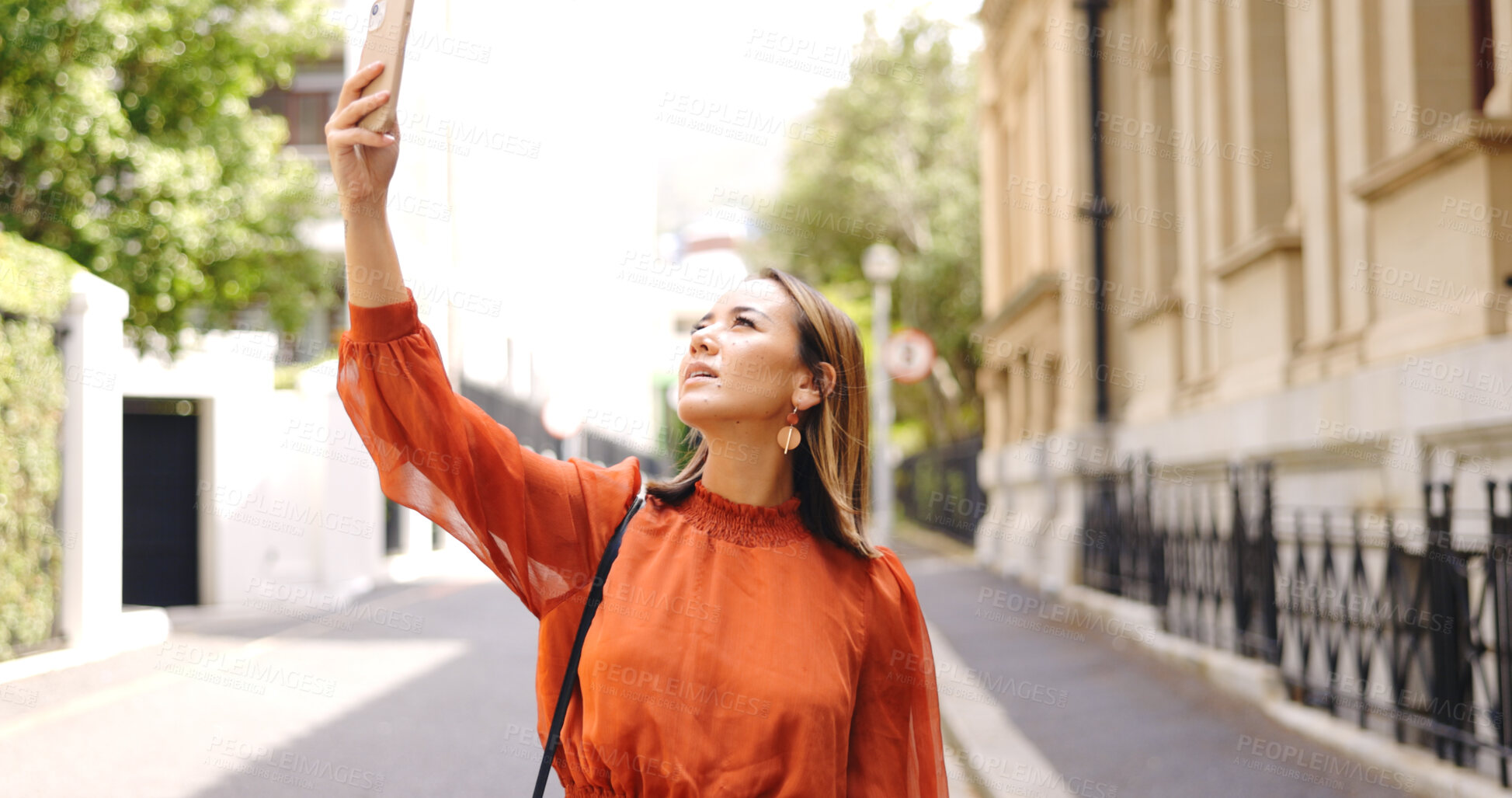 Buy stock photo City, signal and Asian woman with phone walking with internet, delay and network glitch. Service, connection and business person search for reception on smartphone with issue, problem and tech error