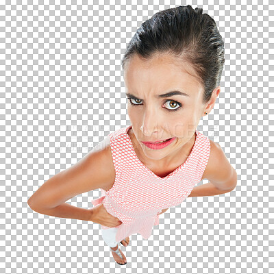 Buy stock photo Funny face, confused and portrait of woman with humor and wondering isolated in a transparent or png background. Mistake, crazy and female person with comic facial expression with comedy personality